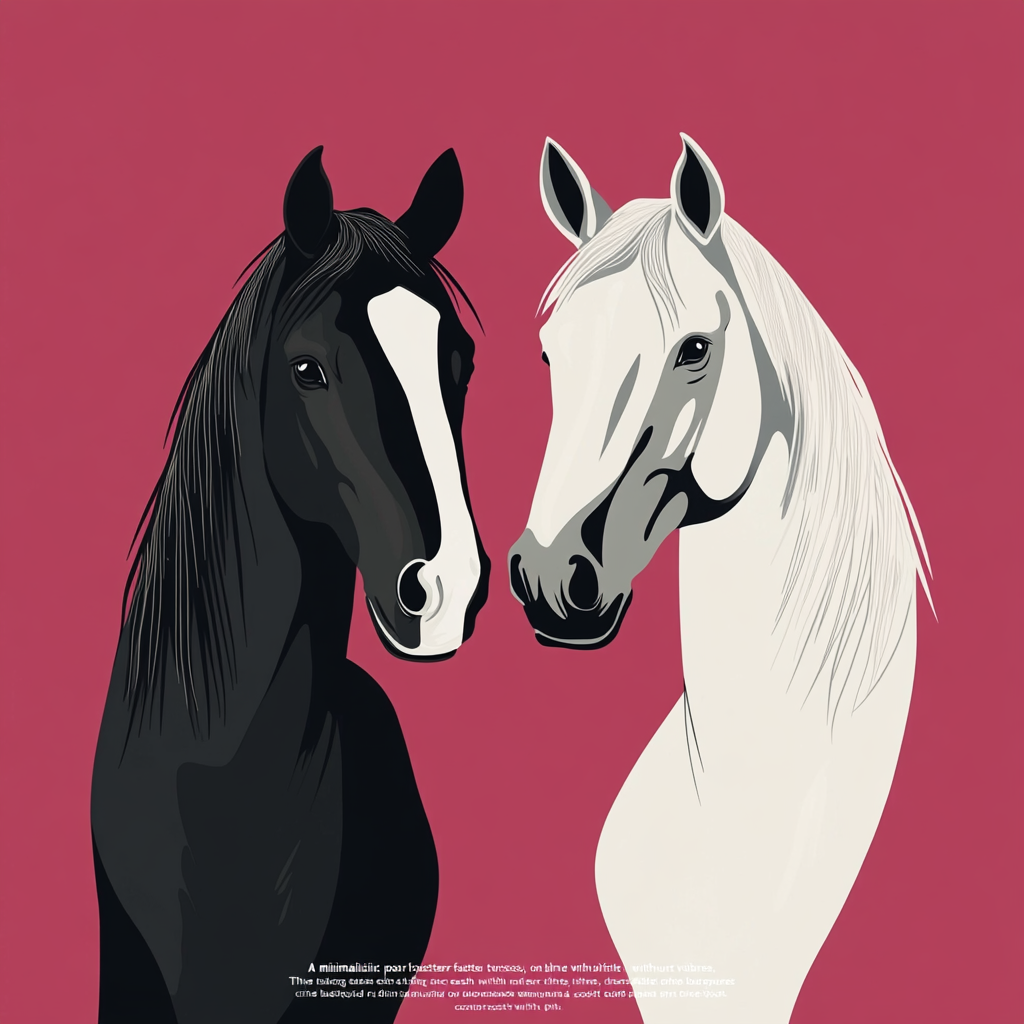 Two horses, black and white, facing each other elegantly.