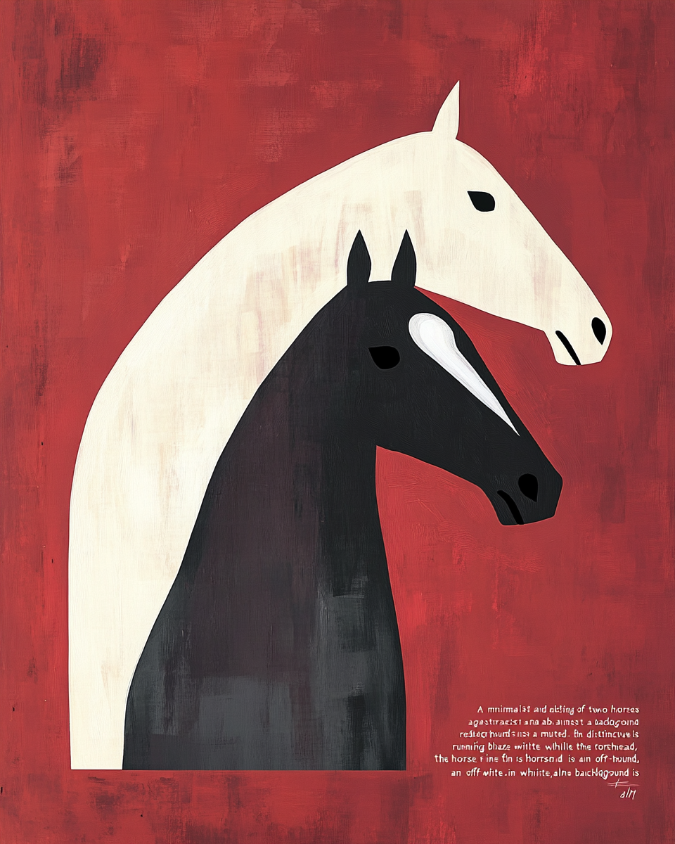 Two horses in black and cream on red background.