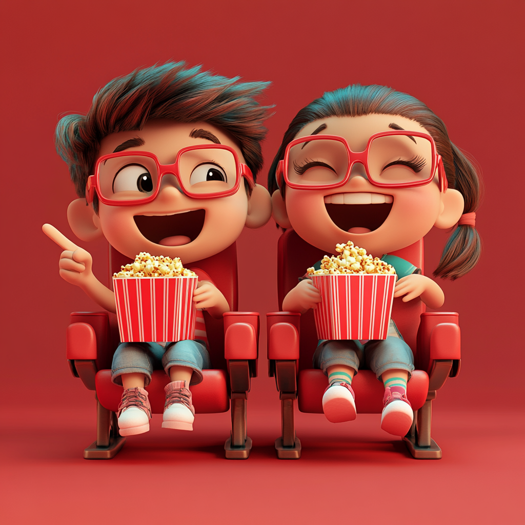 Two kids eating popcorn and watching a movie.