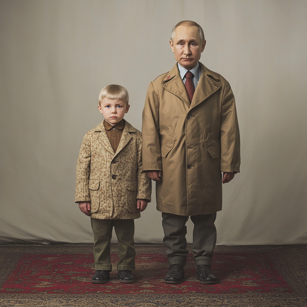 Two kids in Soviet clothing, one 6, one 9.