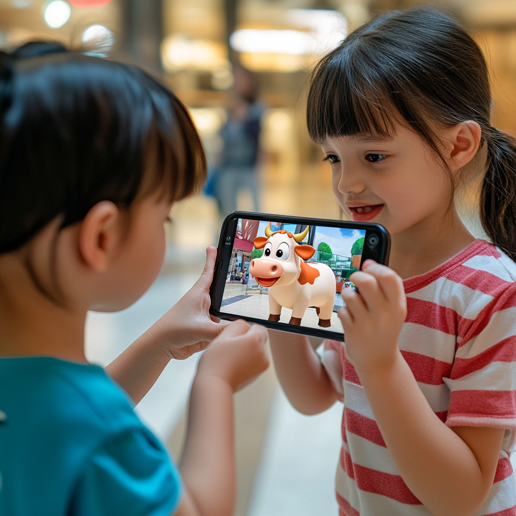 Two kids play AR/VR game with cartoon cow.