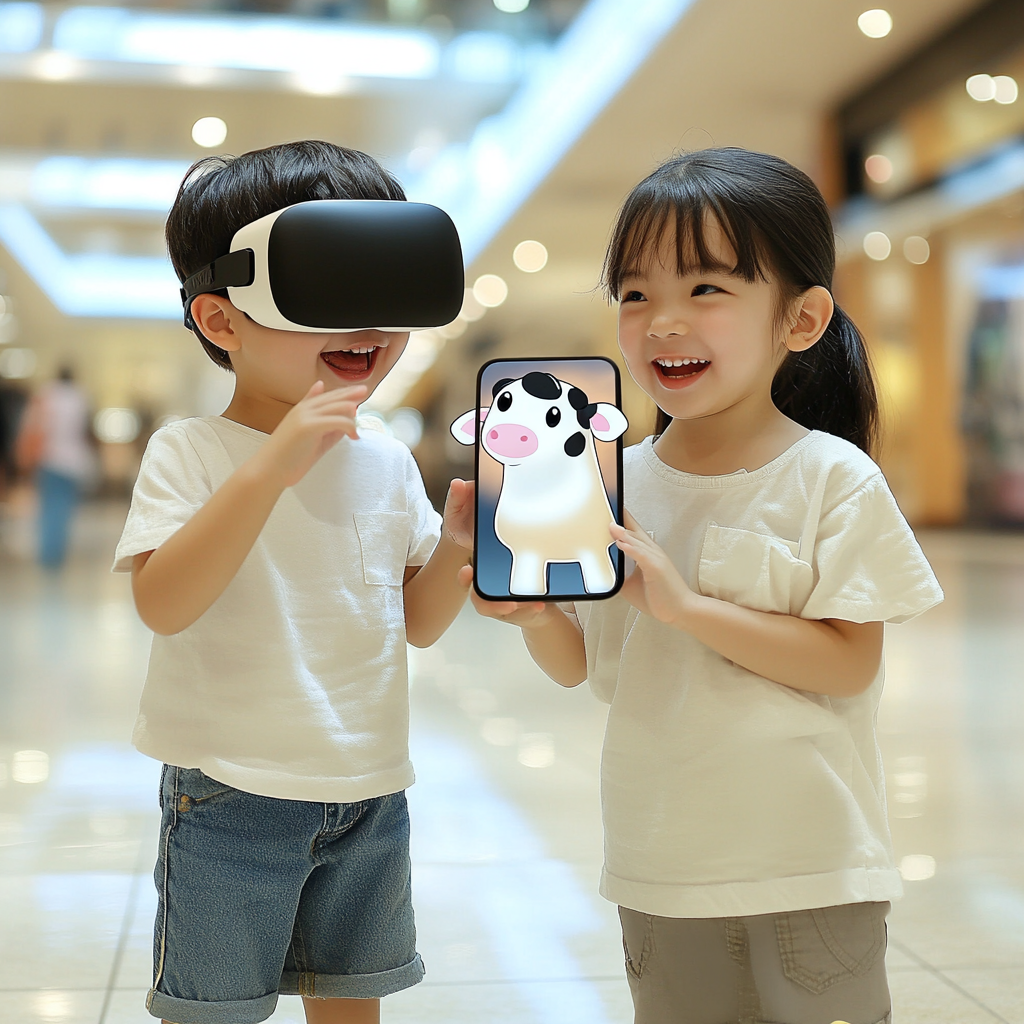 Two kids playing with AR/VR cow game.