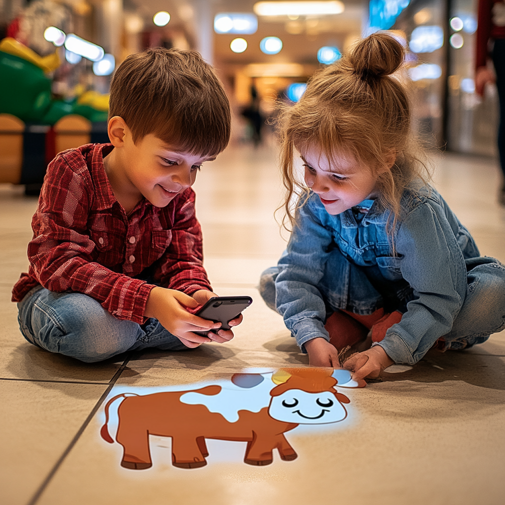 Two kids playing with phone at mall.