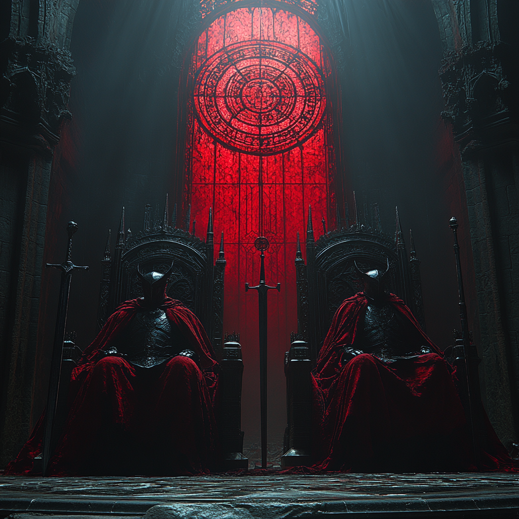 Two kings sit on thrones of swords in castle.