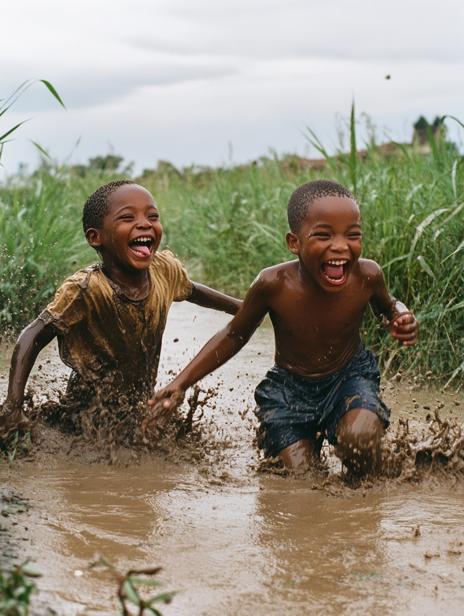 Two laughing brothers playing in muddy rainstorm