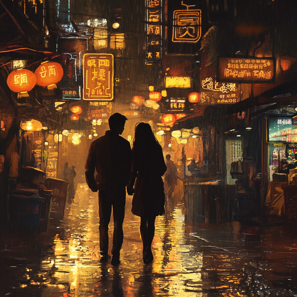 Two lovers stroll through rainy, neon-lit Hong Kong evening.