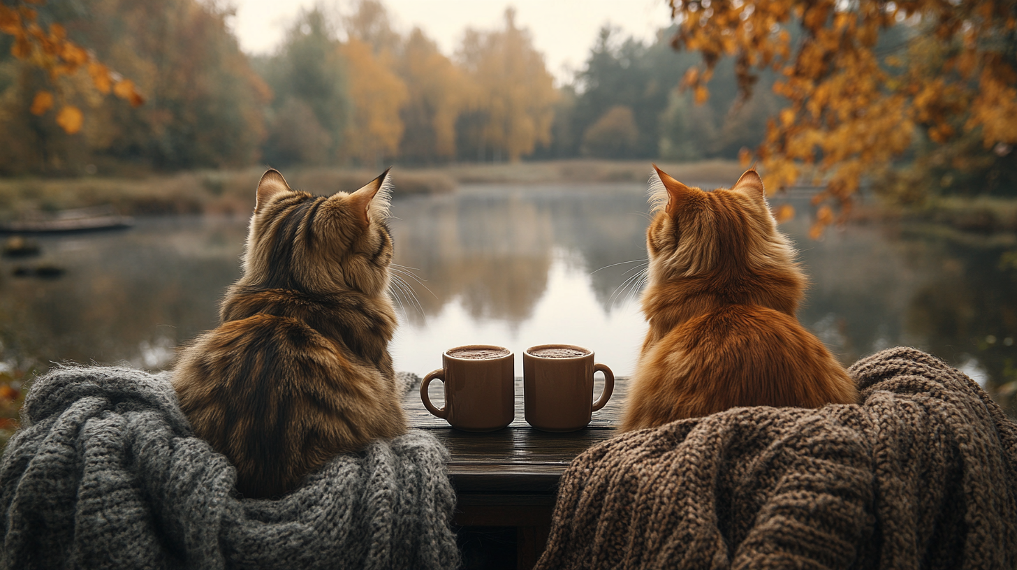 Two luxury cats enjoying autumn by the lake.