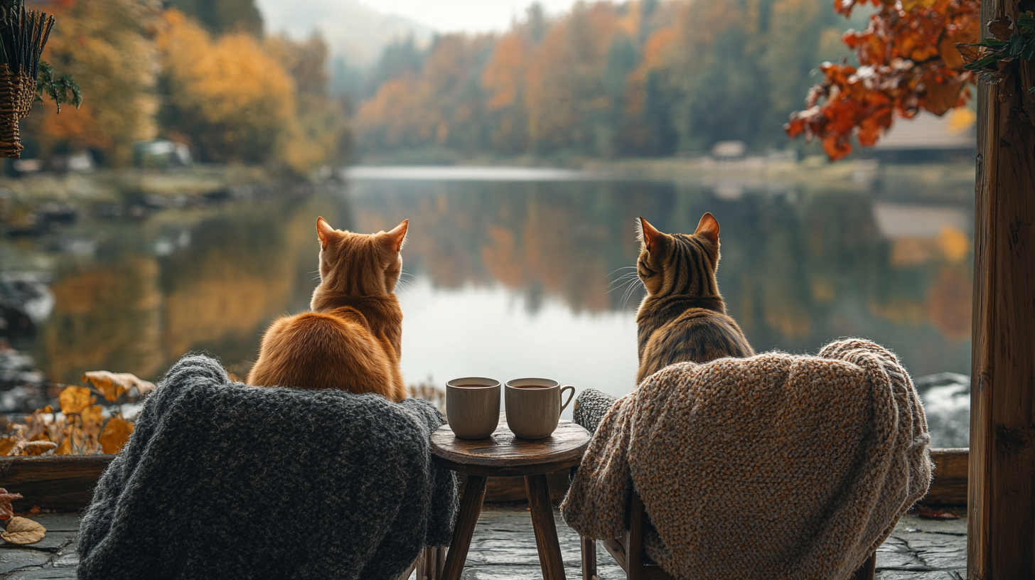 Two luxury cats on chairs, autumn lake view.