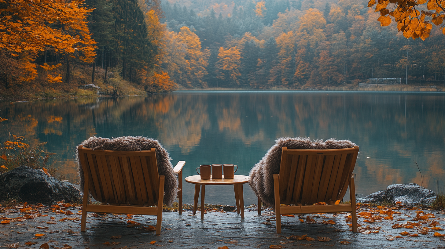 Two luxury chairs facing calm lake, autumn forest behind.