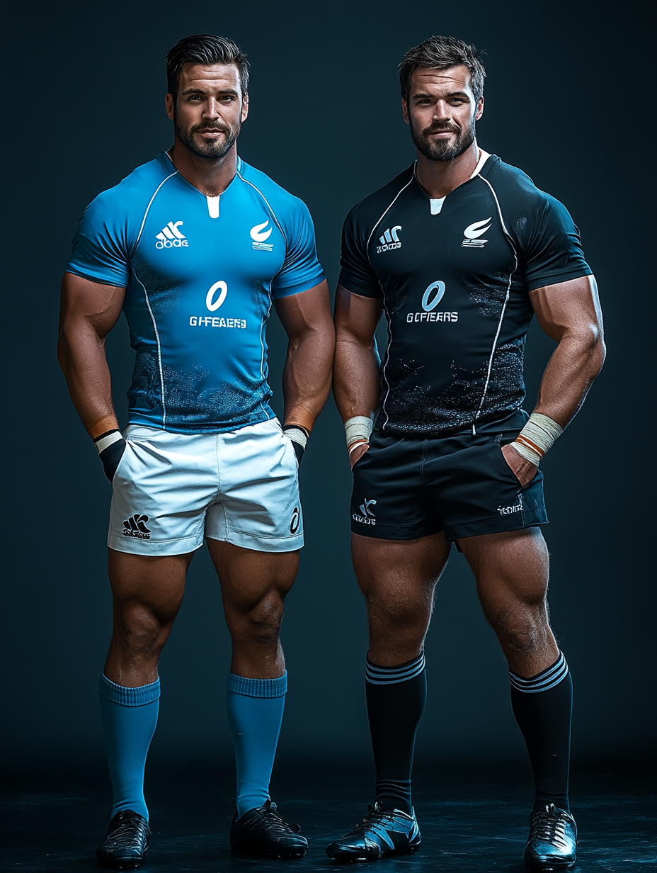 Two male rugby players in cyan and black jerseys