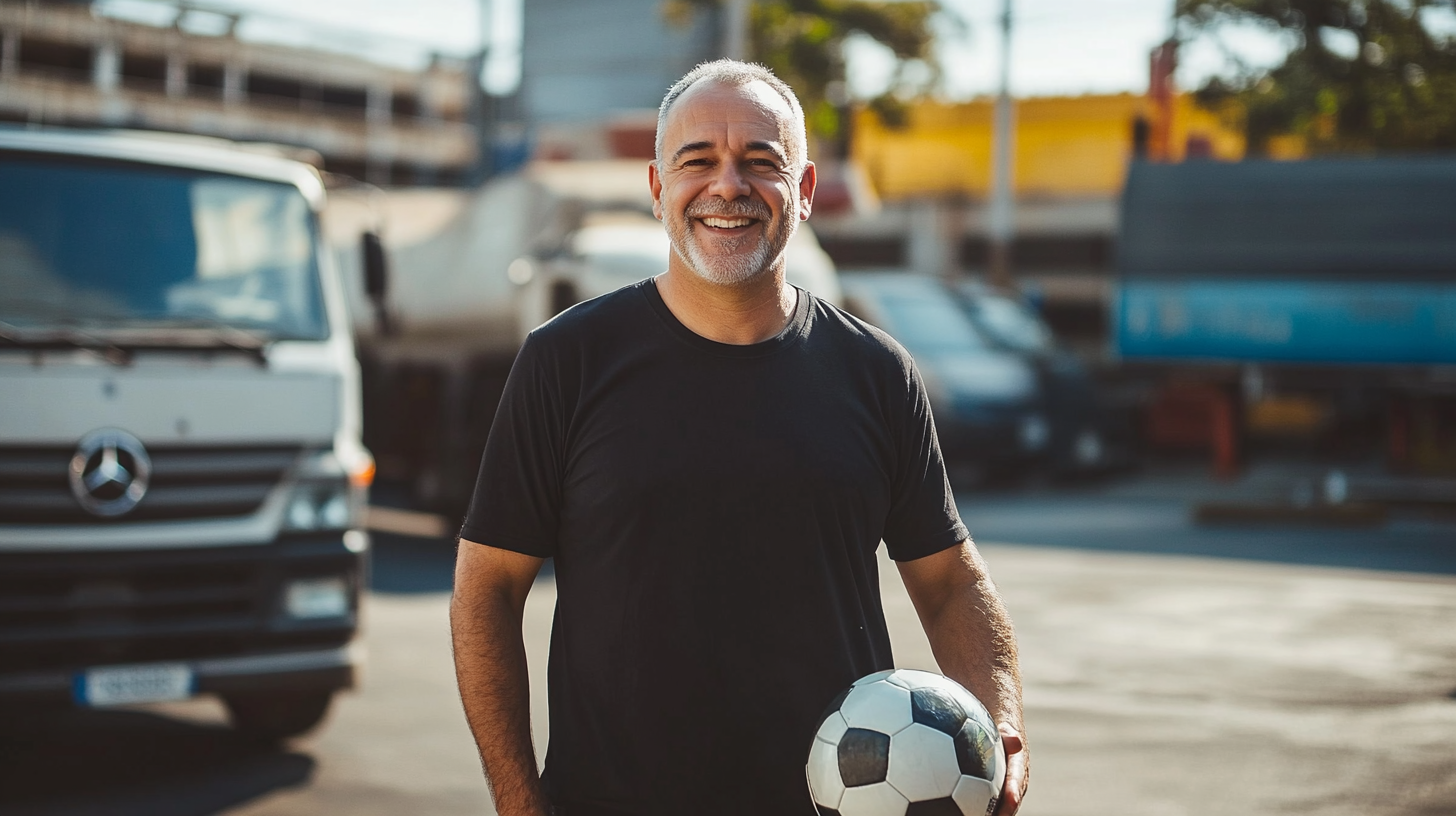 Two men, 50, standing smiling at camera, soccer.