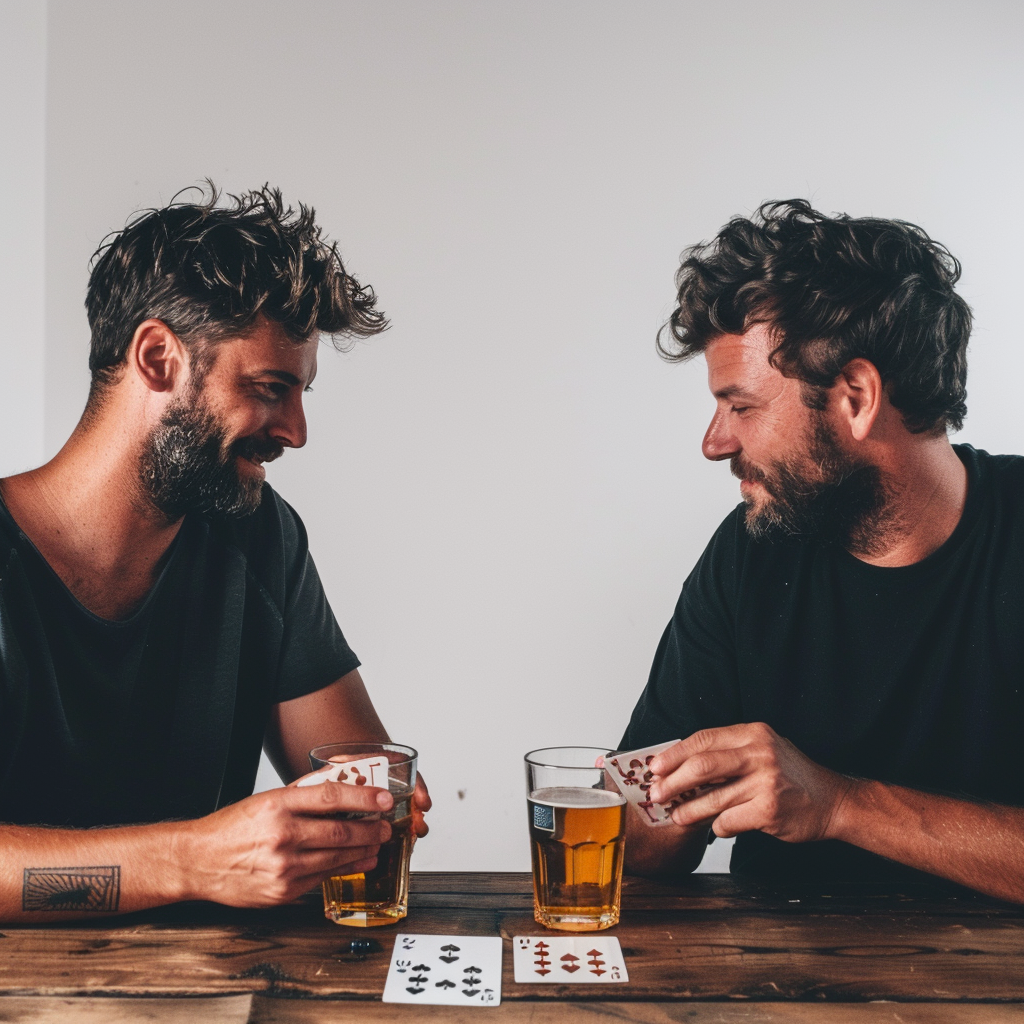 Two men at table playing card game.