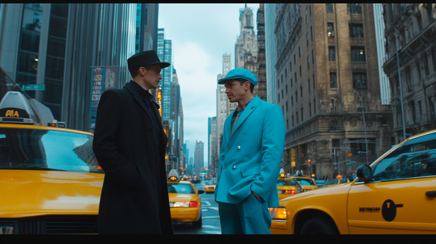 Two men in NYC: one in black, one blue.