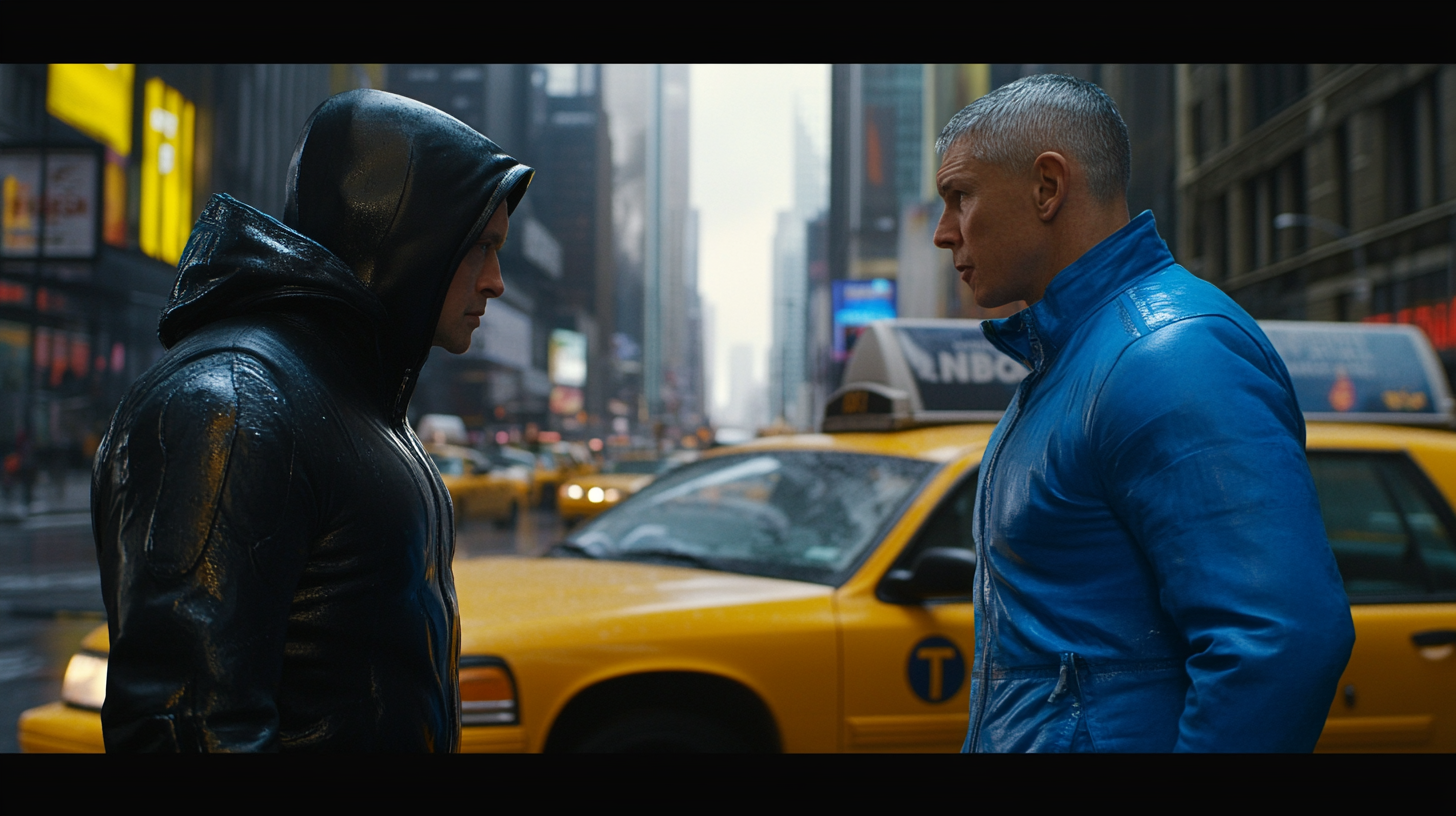 Two men in New York City with yellow cabs