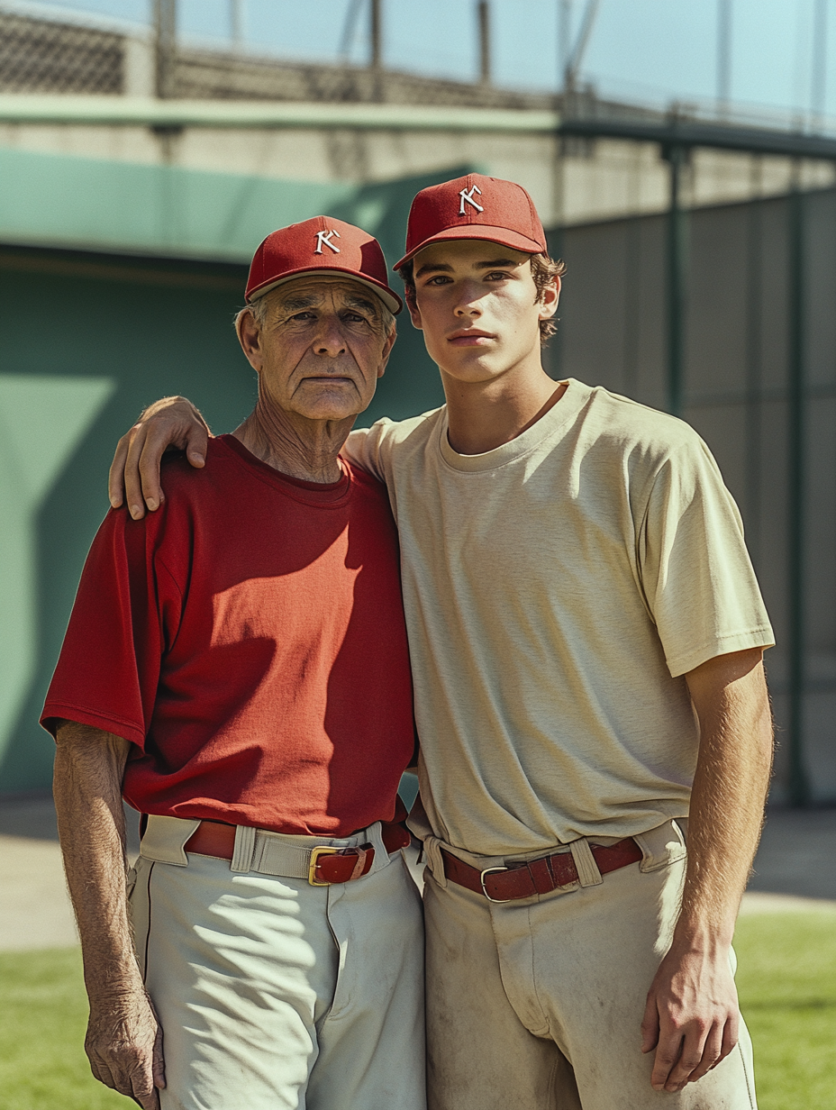 Two men in baseball uniforms on baseball field.