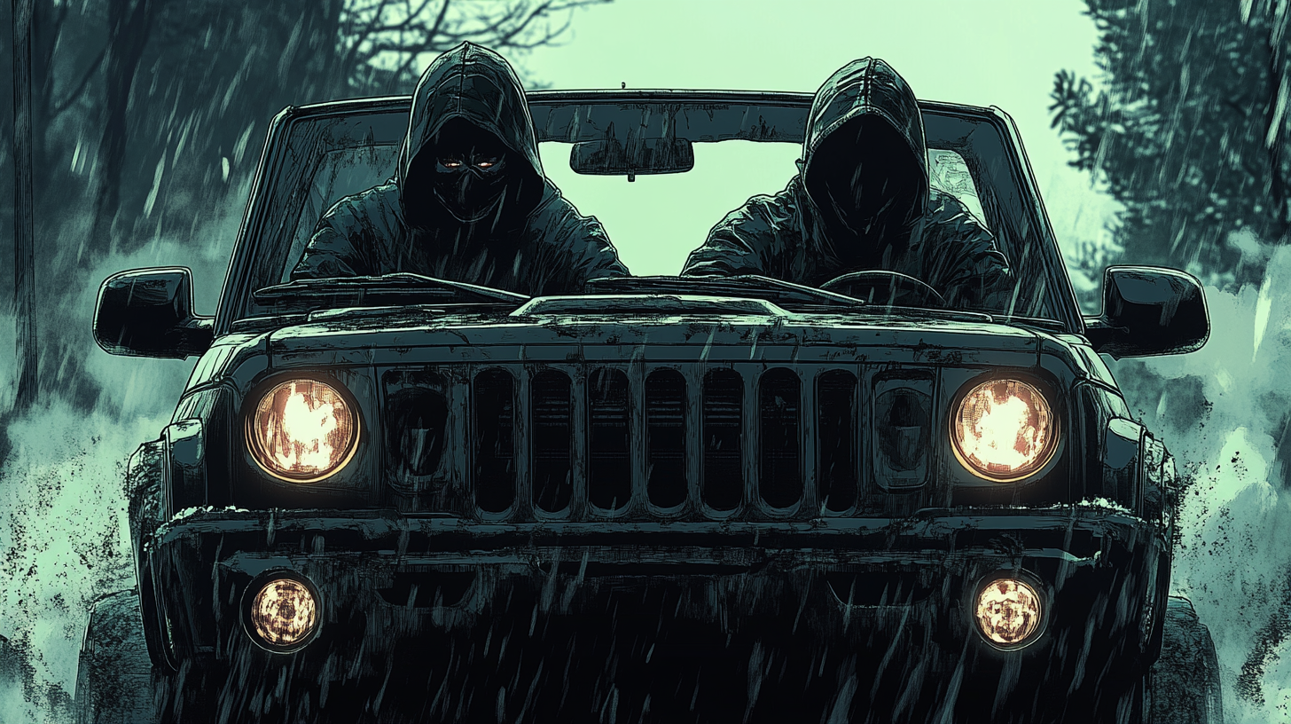 Two men in black ride in black Jeep.