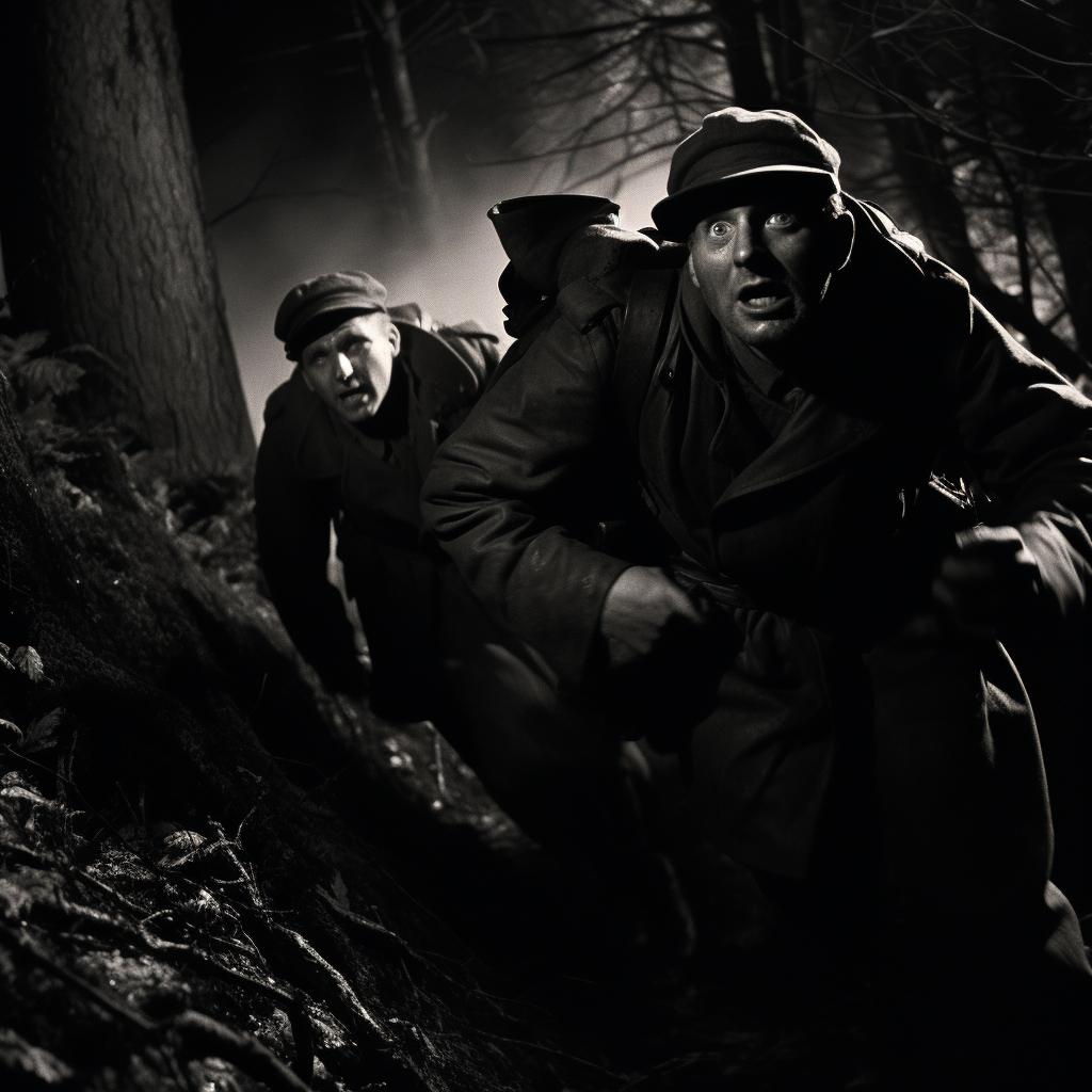 Two men in black run through dark forest.