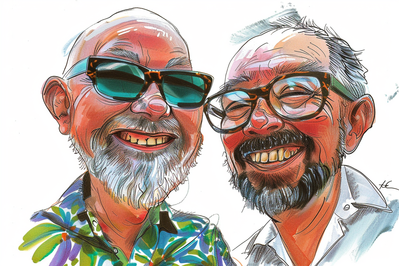 Two men in caricature drawing, one with gray beard.