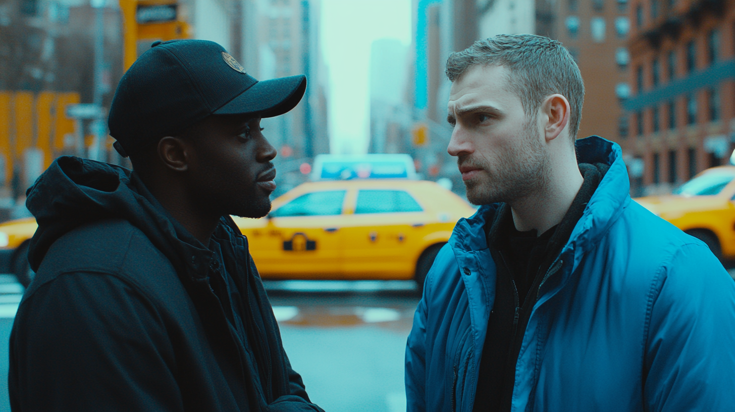 Two men in different colors in NYC.