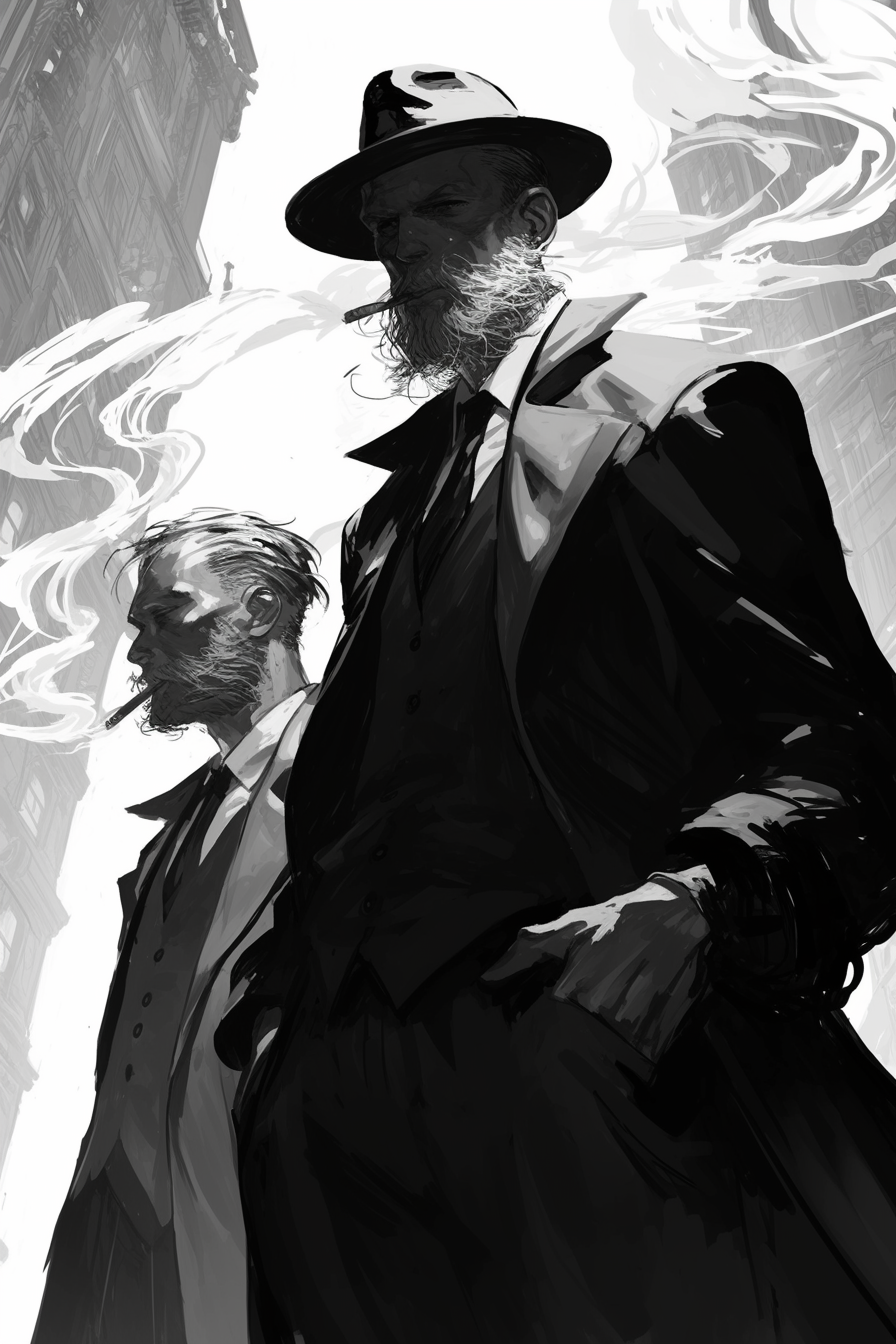 Two men in smoky steampunk noir