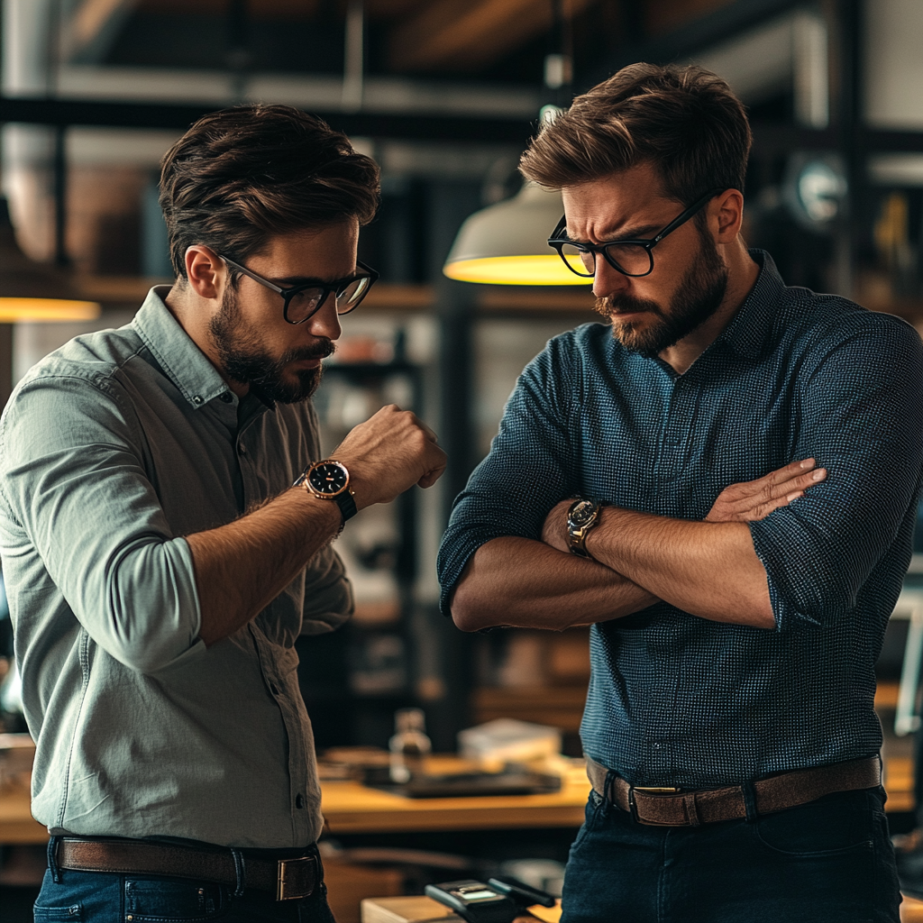 Two men in trendy office, one shows arm.