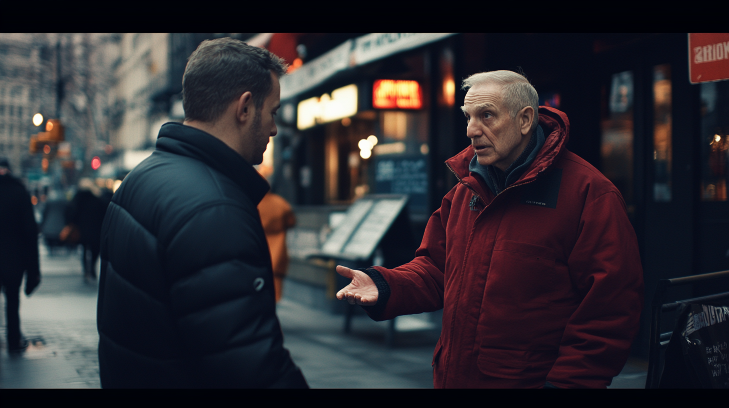 Two men meet in New York City restaurant.