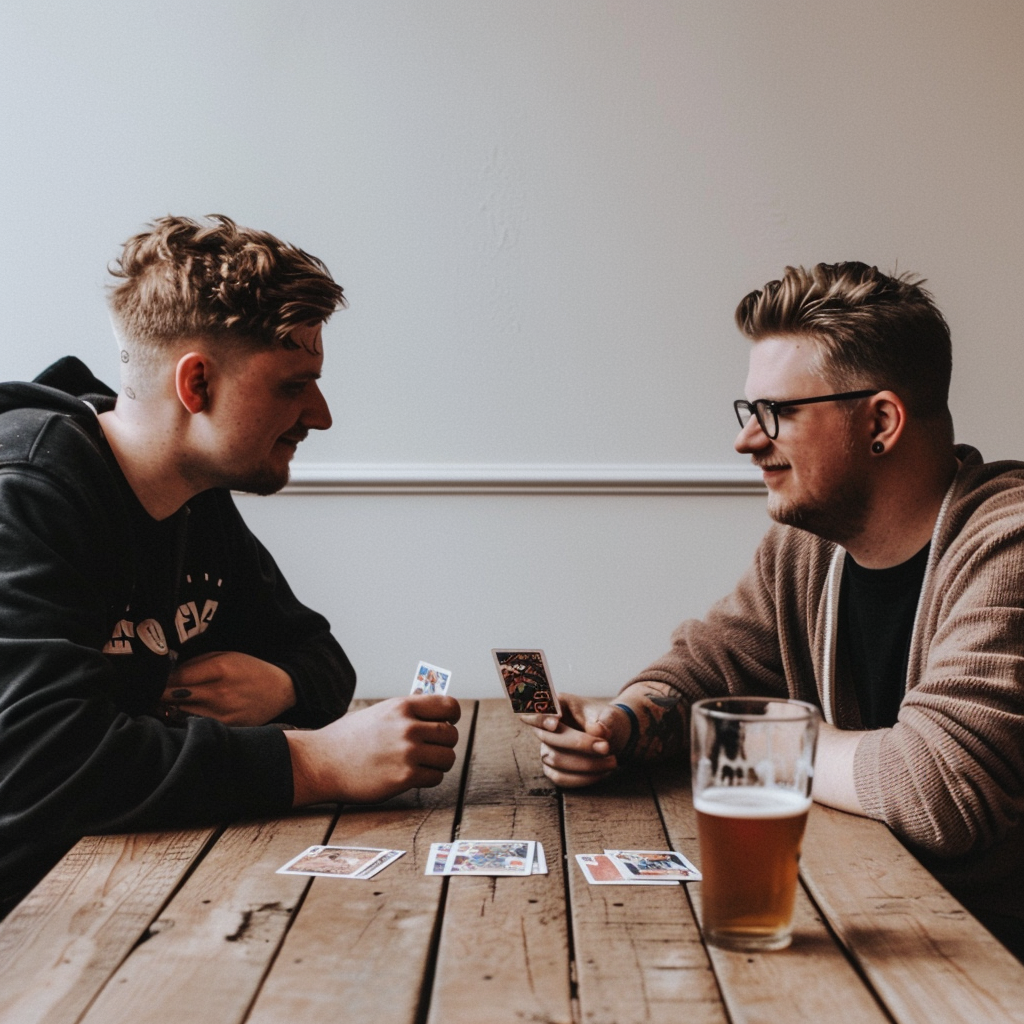 Two men playing card game at table with beer.