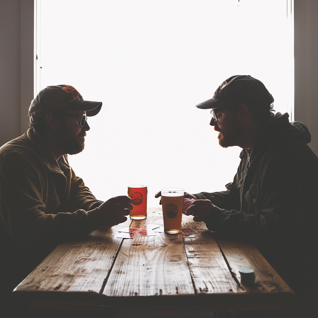 Two men playing card game with beer and table.