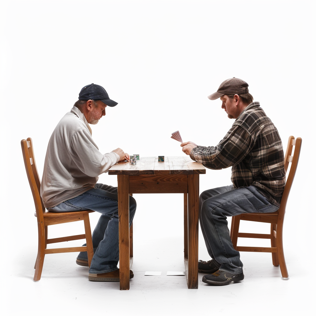 Two men playing cards at wooden table.