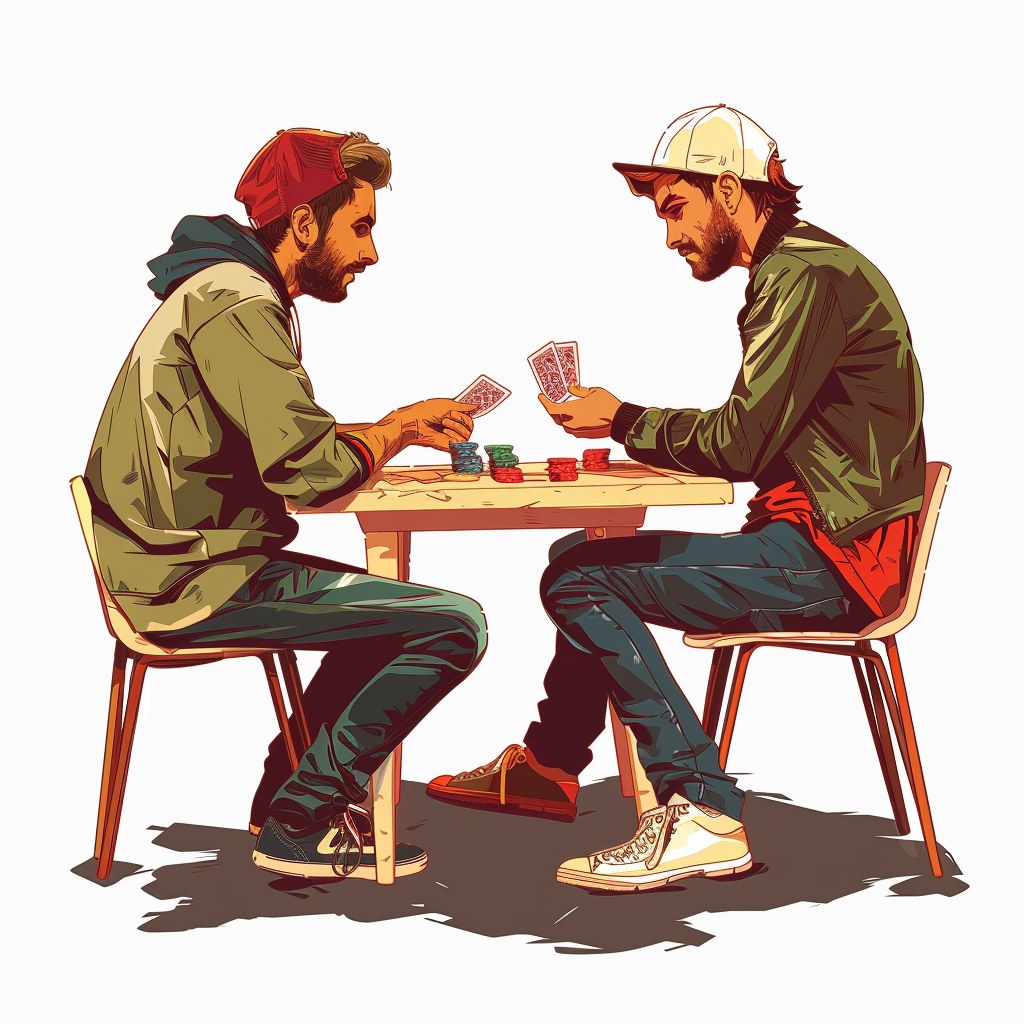 Two men playing cards on wooden table.