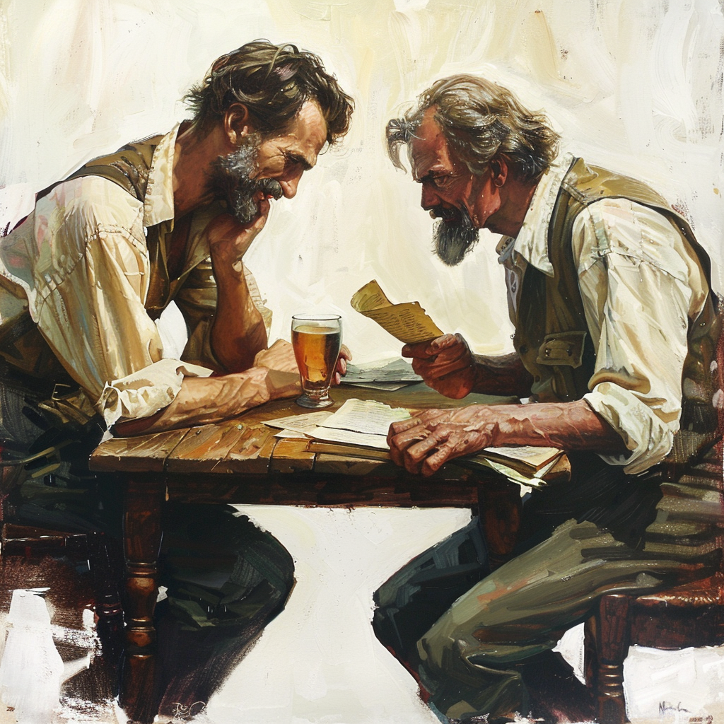 Two men reading letters and drinking beer.