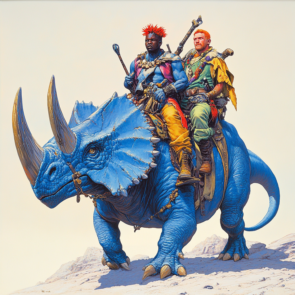 Two men ride a blue Triceratops dinosaur together.