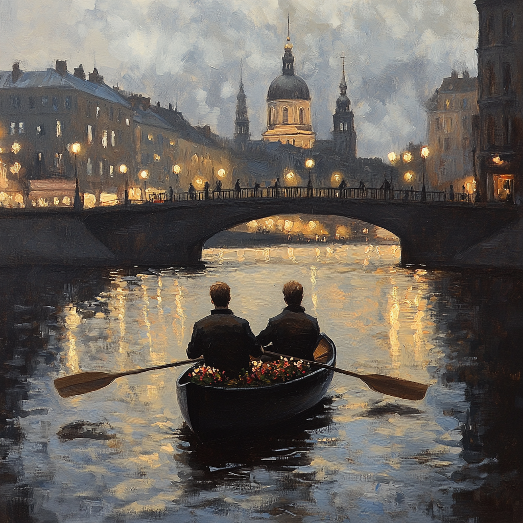 Two men rowing a canoe on Daugava River