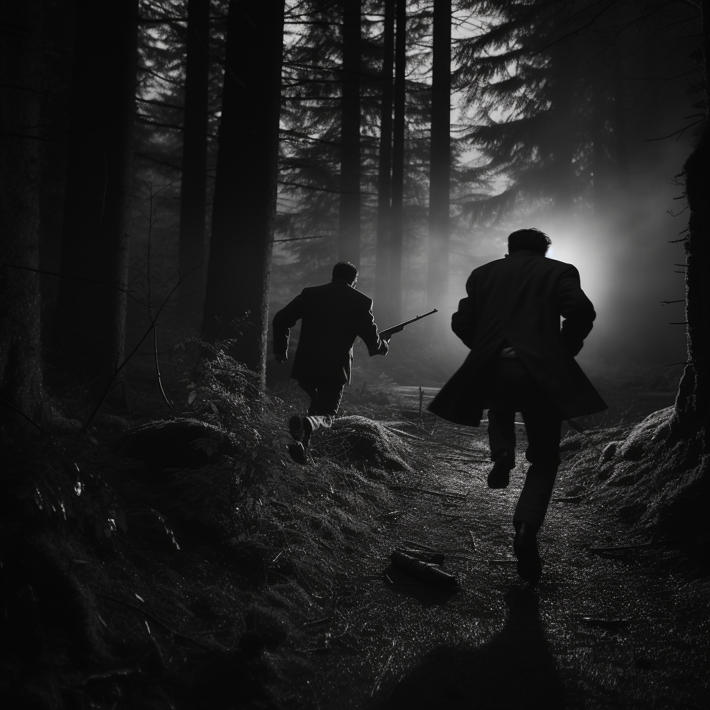 Two men running in forest, black and white.