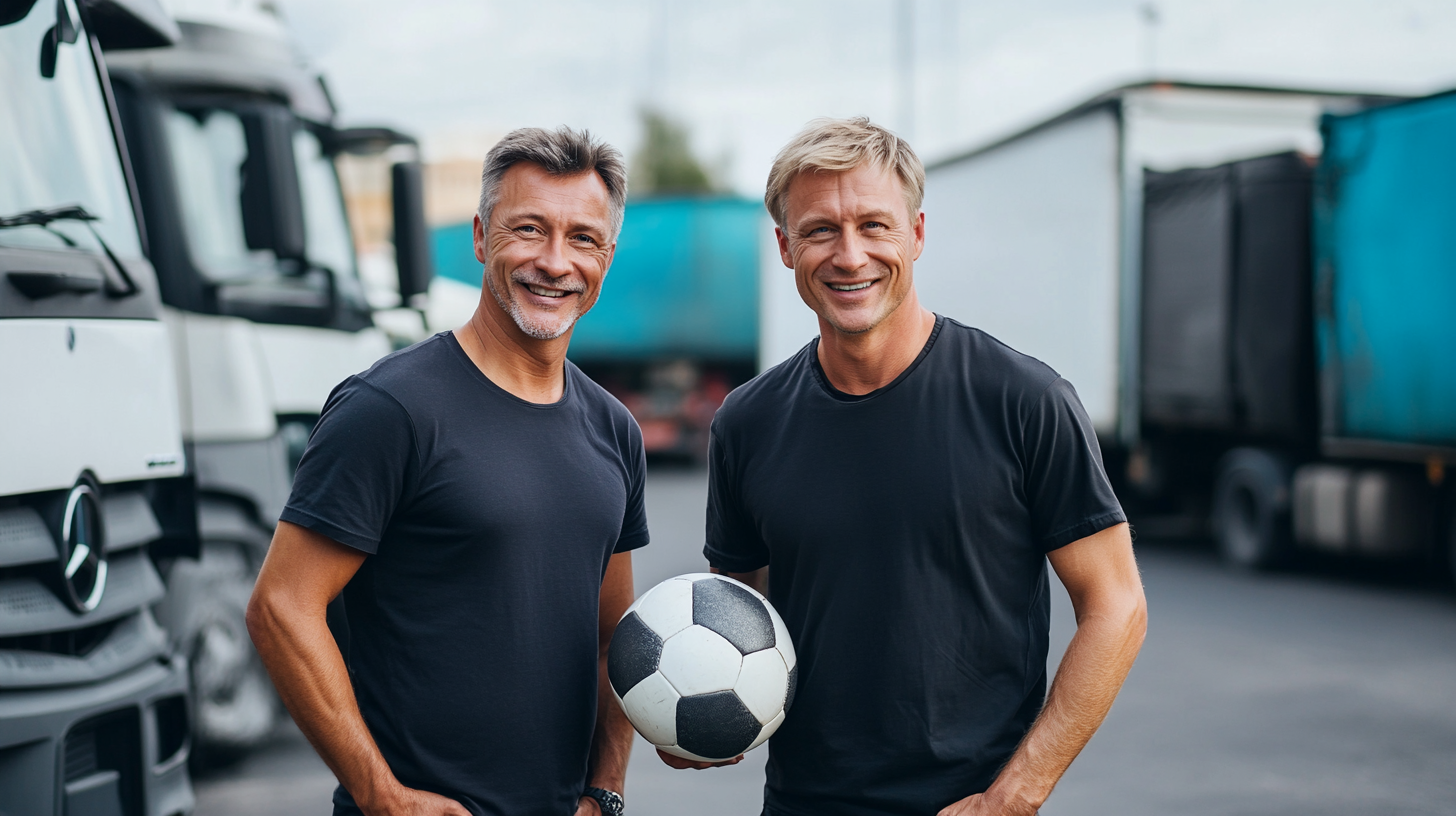 Two men smiling, holding soccer ball, standing together.