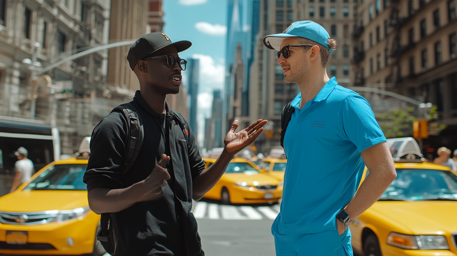 Two men talking in New York City.