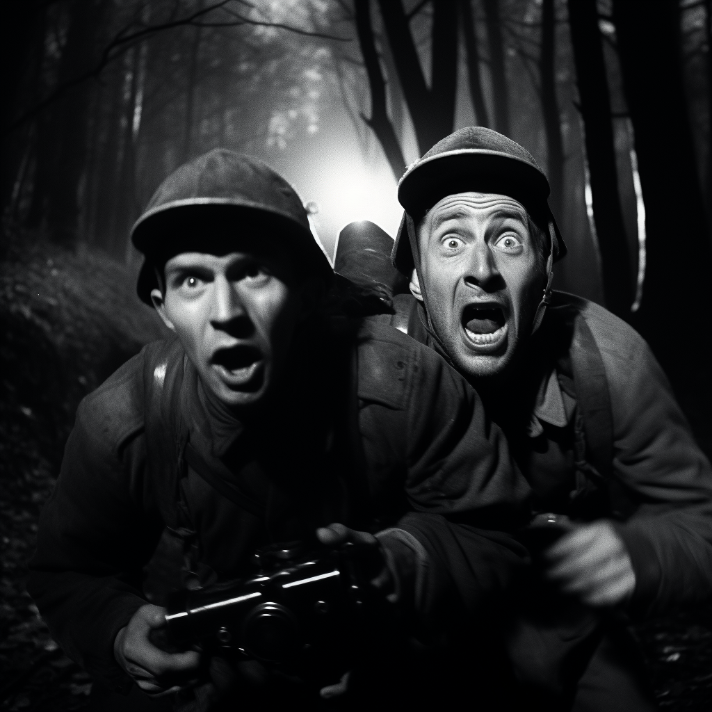 Two men wearing headlamps and black mackintoshes, running.