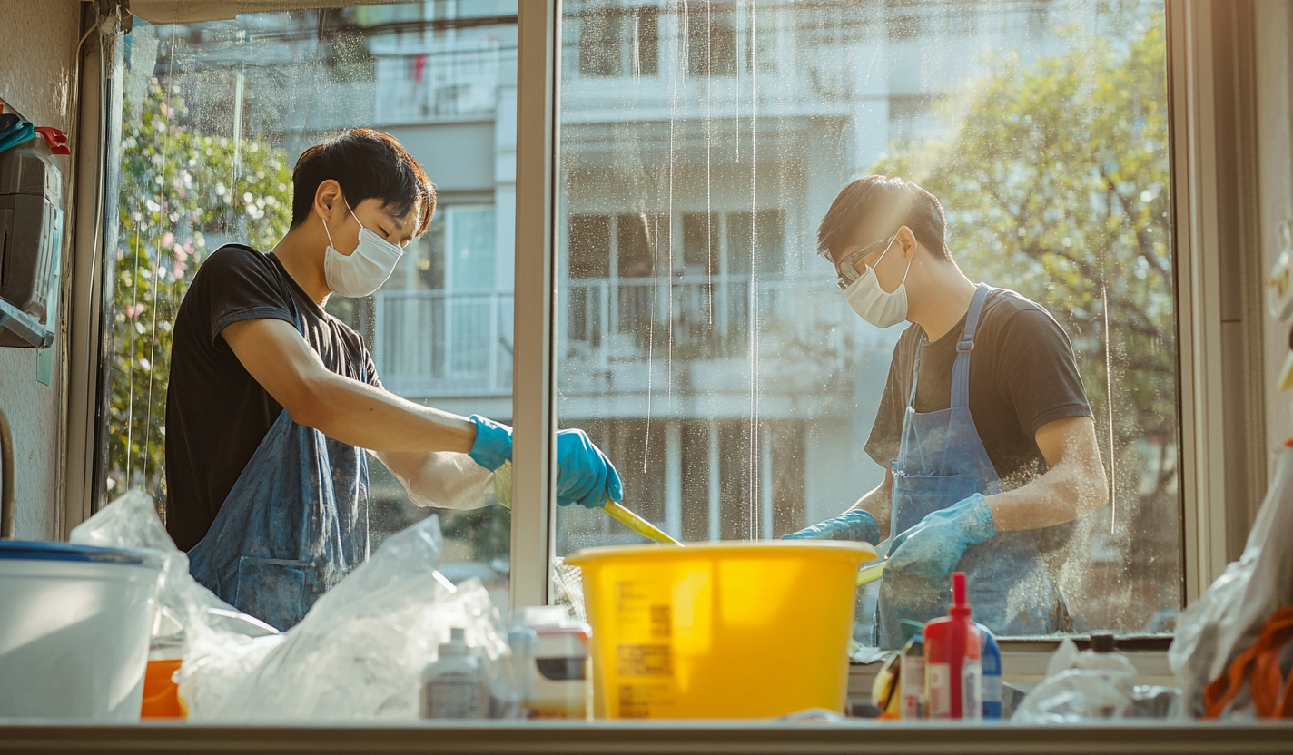 Two men working hard, cleaning windows with care.