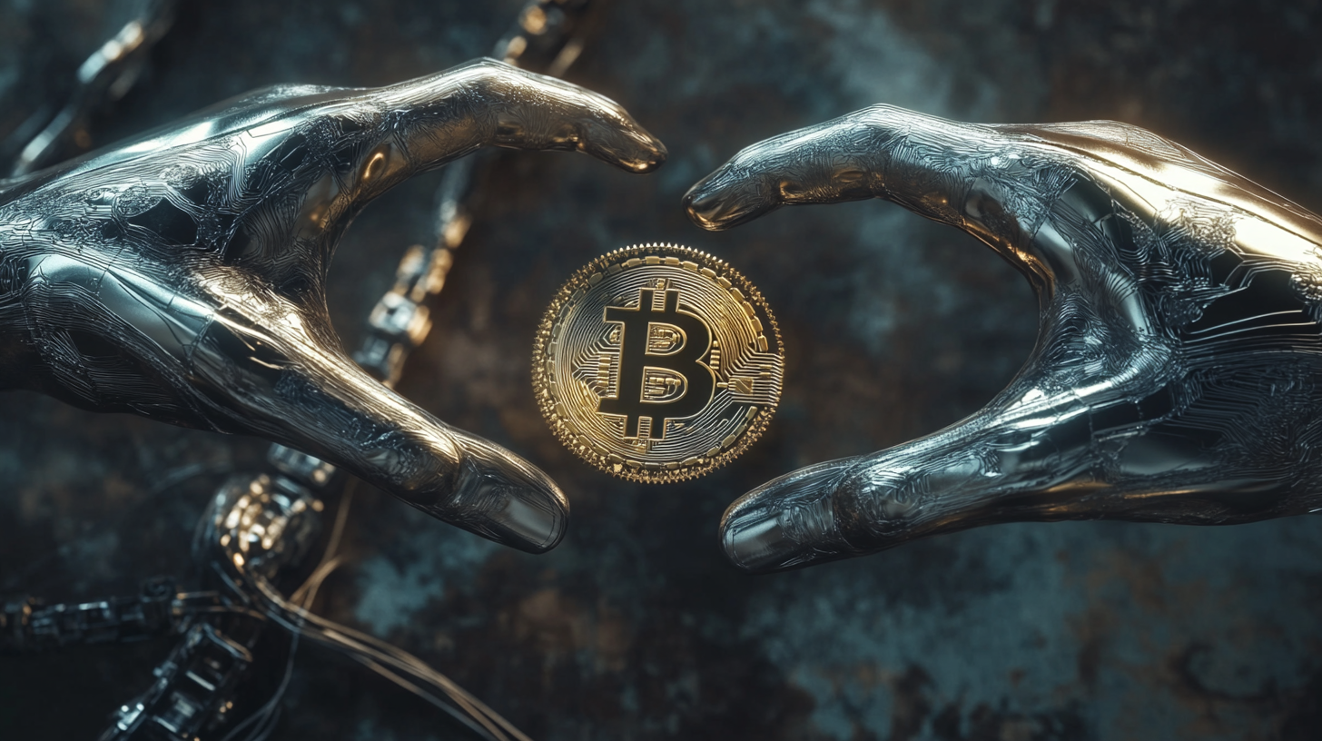 Two metal hands with golden BTC logo between them.