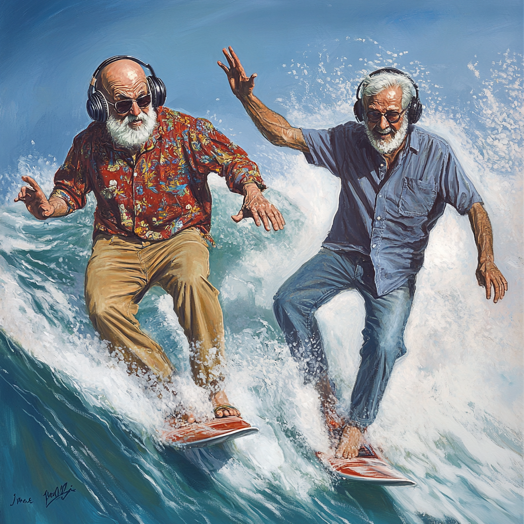 Two old radio DJs surfing together in Malibu.