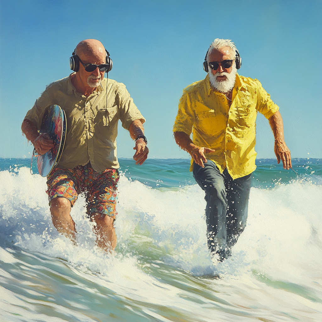 Two older radio DJs surfing on a wave.