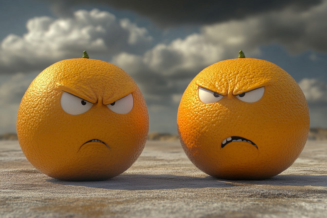 Two oranges talking, don't notice squeezer approaching. Funny.