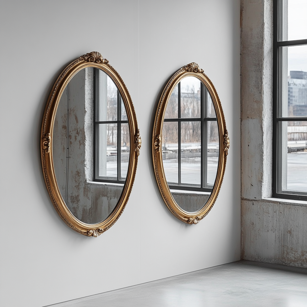 Two oval crystal mirrors with wood frames - pickled.