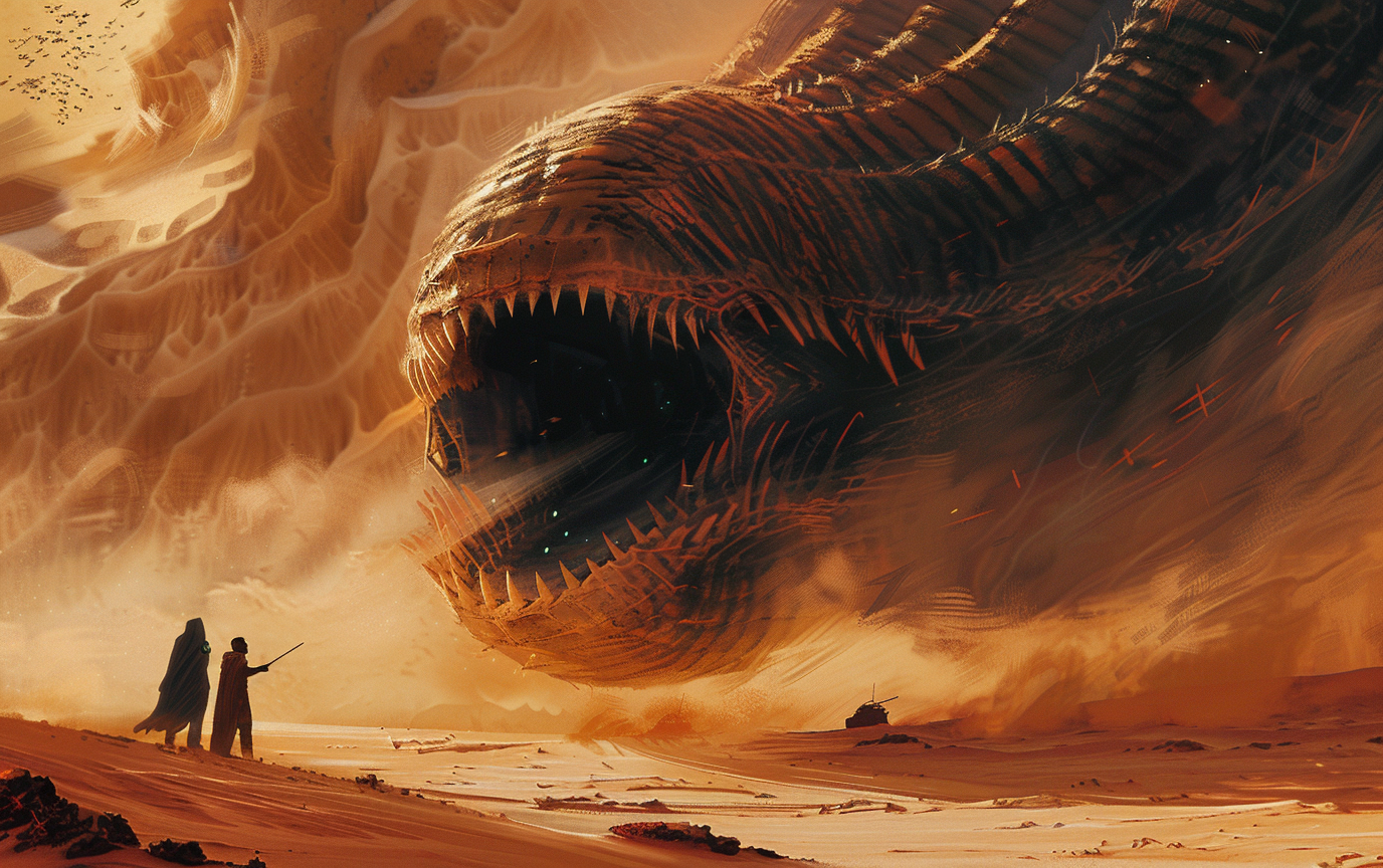 Two people facing giant sandworm with sharp teeth, fantasy.