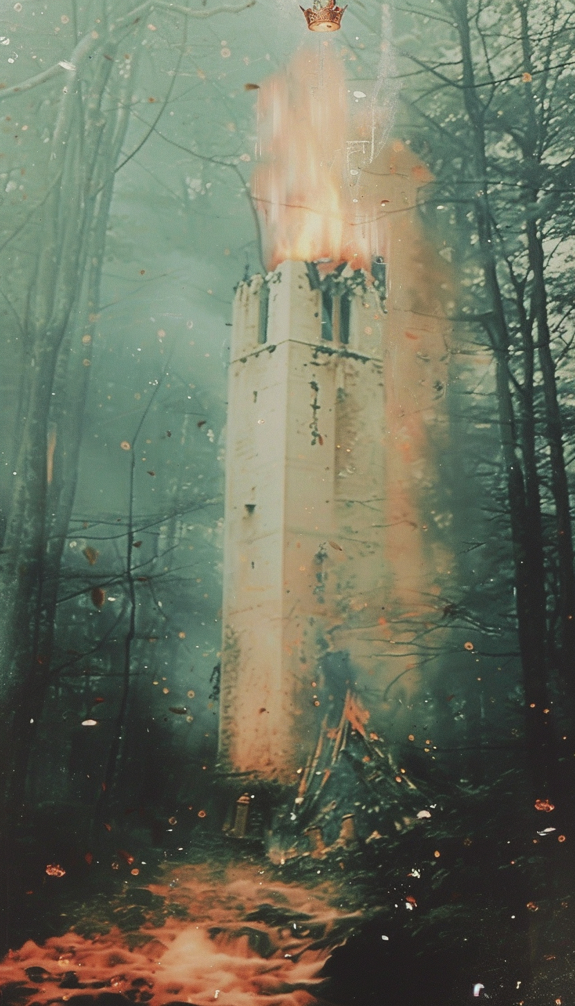 Two people falling from burning white tower in forest.