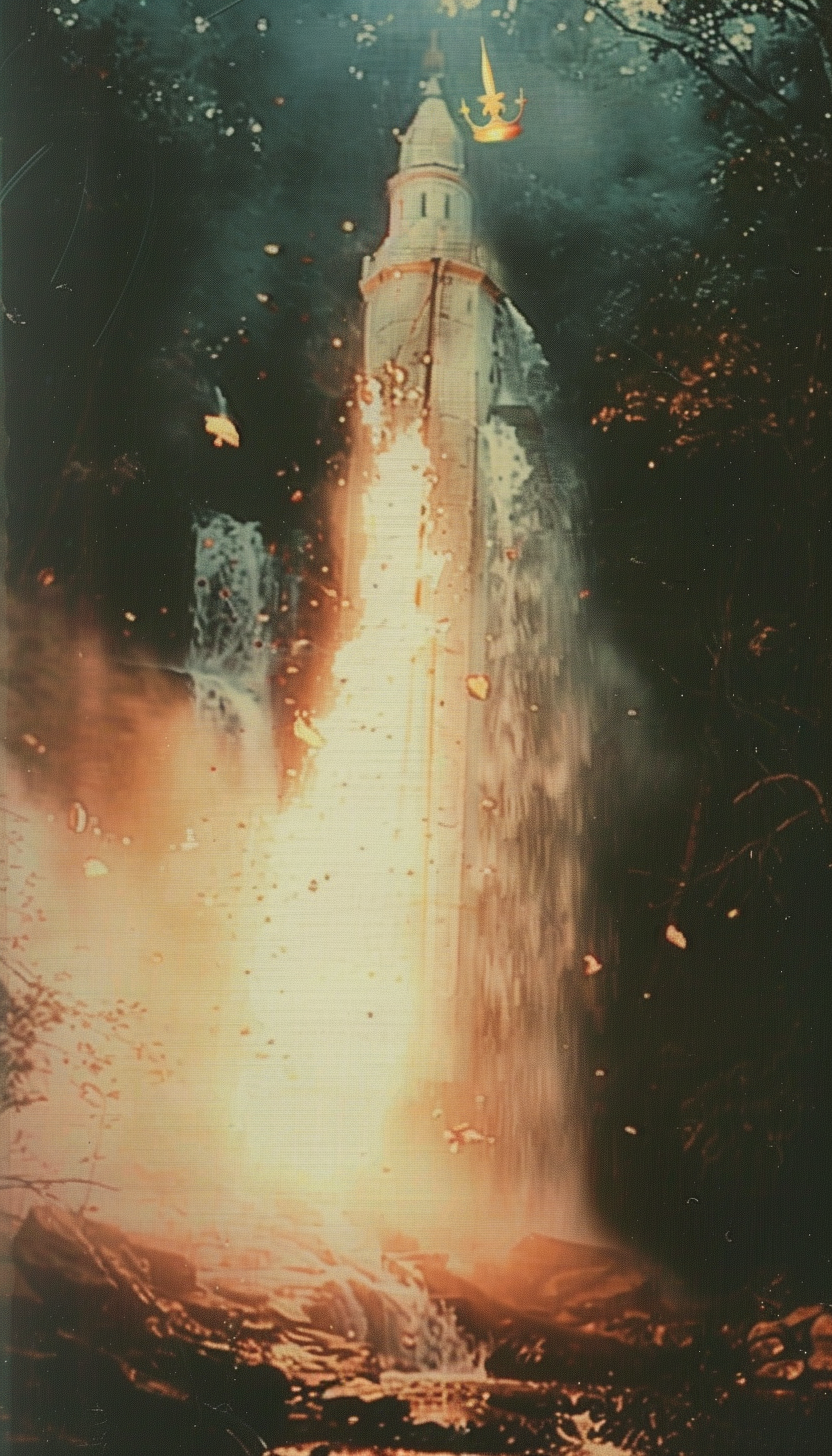 Two people falling off burning tower in dark forest.