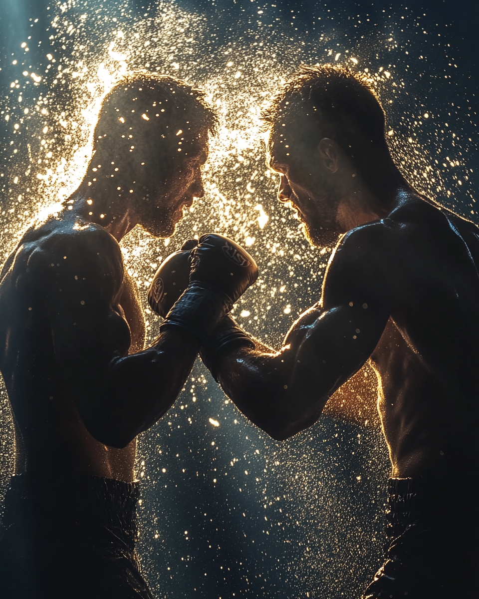 Two people fighting, powerful punches flying furiously in battle.