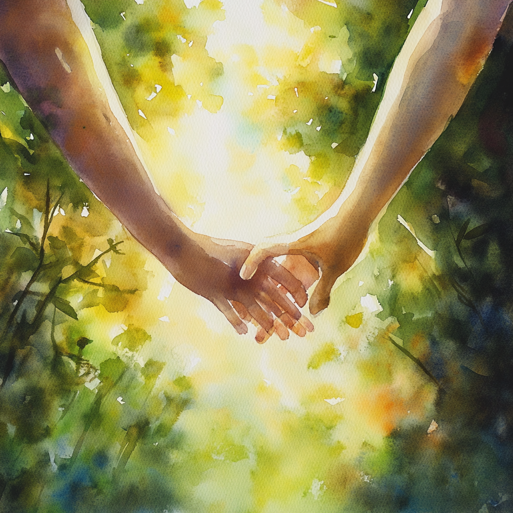 Two people hold hands, sunlight shines between them.