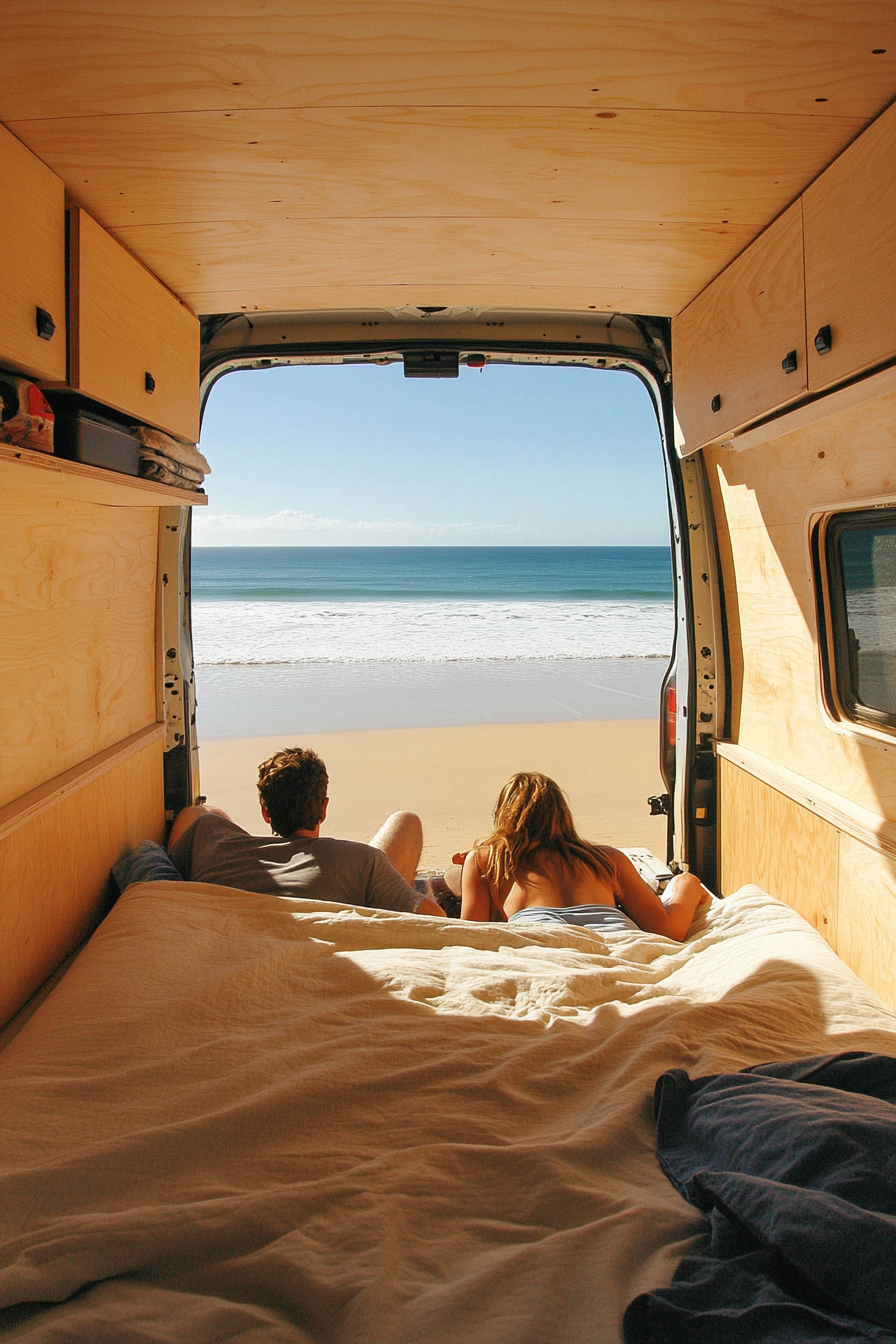 Two people in campervan bed, looking at beach