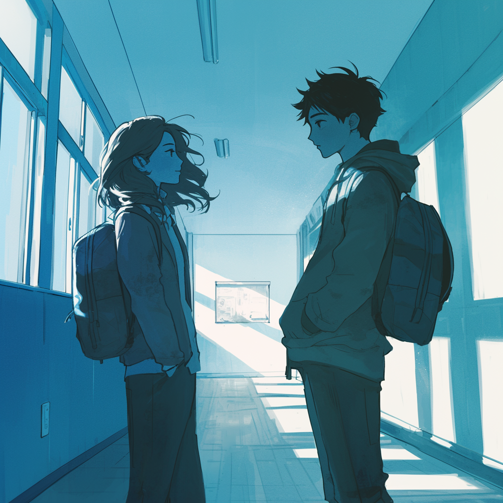 Two people in hallway, romantic Japanese manga style